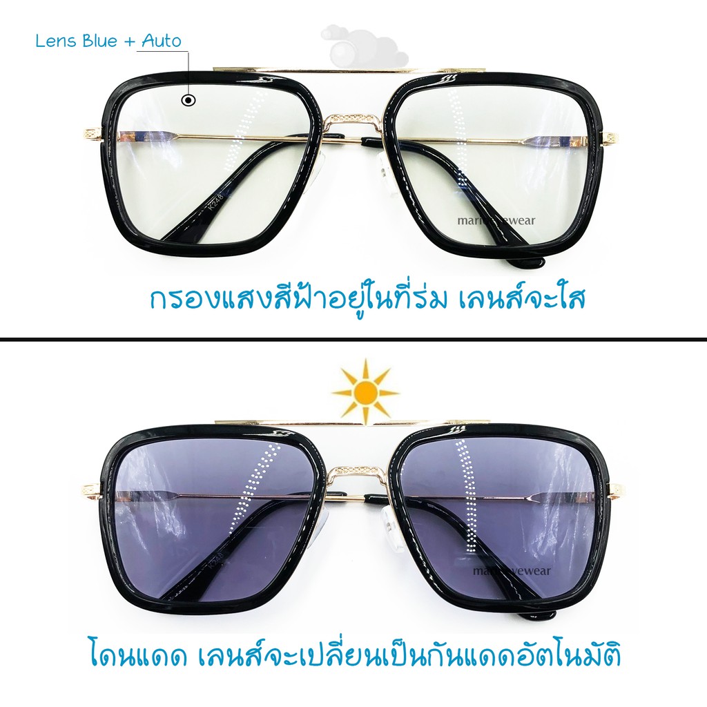 ทรง Iron steel แว่นกรองแสงพร้อมเลนส์บลูบล็อค+ออโต้ (แท้)  กรองแสงสีฟ้า+ออกแดดเปลี่ยนสี(สำหรับสายตาปกติ) Blue+Auto