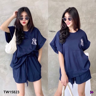 TW15823 Set 2 ชิ้น เสื้อคอกลม แขนสั้น ปักหน้าอก เสื้อมีกระเป๋าล้วง2ข้าง กางเกงขาสั้น เอวยางยืด มีกระเป๋ากางเกงล้วงข้าง