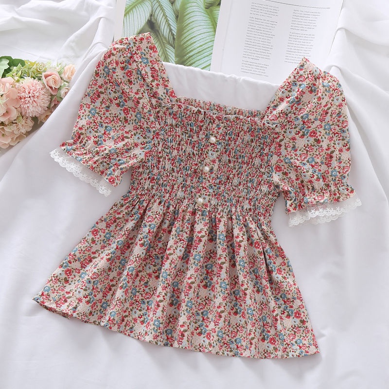 เสื้อเชิ้ตแขนสั้น คอสี่เหลี่ยม ผ้าชีฟอง ลายดอกไม้ สไตล์เกาหลี แฟชั่นฤดูร้อน สําหรับผู้หญิง 2025