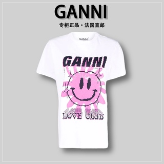 Ganni เสื้อยืดคอกลม แขนสั้น พิมพ์ลายหน้ายิ้ม สไตล์วินเทจ สําหรับผู้หญิง