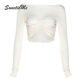 Sweeticme ใหม่ เสื้อยืดลําลอง แขนยาว คอกลม ทรงสลิมฟิต สีพื้น เซ็กซี่ แฟชั่นสําหรับสตรี 2022