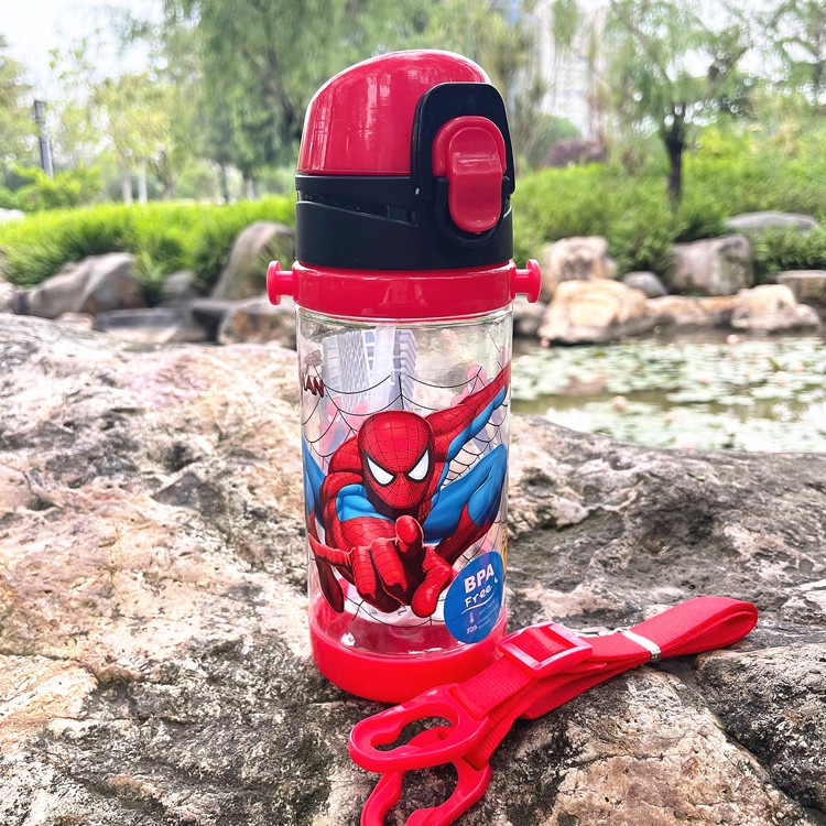 ขวดน้ำเด็กไปโรงเรียน กระติกน้ำ ลายการ์ตูน พร้อมสายสะพาย หลอดเด้ง 450 ml 500 ml (พร้อมส่งในไทย)