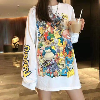 YICO 🌍🛰🚀 Pokémon Pikachu  พร้อมส่ง เสื้อแขนยาวผู้หญิง สไตล์เกาหลี Oversized ไหล่ตก ผ้าคอตต้อน