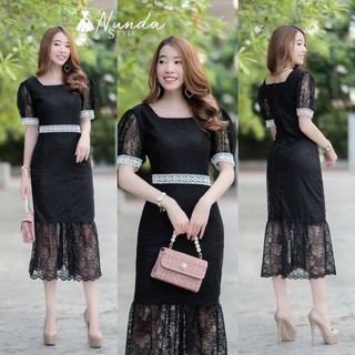 hbstation.shop เสื้อผ้าผู้หญิง เดรสลูกไม้สั้น สีดำ พร้อมส่ง
