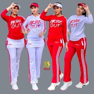 SETELAN READY!!!Baju Senam Merah Putih Rok Workout Panjang Set Baju Olahraga Setelan Baju Gym Fitness Running Jogging Cycling Sepeda Gowes Seragam Training Panjang Indoor Outdoor Wanita Hijab Muslim we