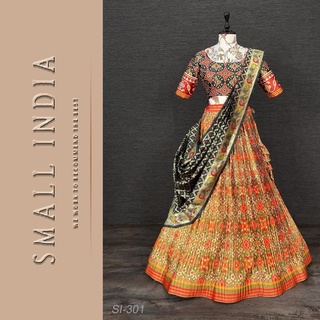 {**ส่งฟรี**} SMALL INDIA 🌷 Zari Satin Patola Print ชุดเซ็ทเสื้อกระโปรง 🌷 Lehenga Choli Set