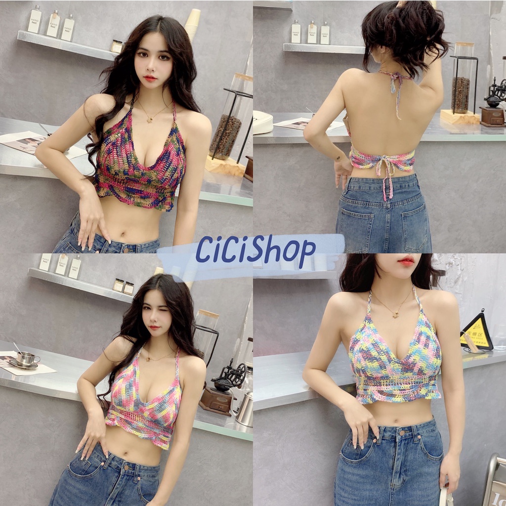 Cicishop(Q39)บราครอปถักโครเชต์ดีเทลสายผูก ทอสลับสีสไตล์แซ่บๆ