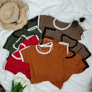 🎀AK Shop🎀 เสื้อครอปแขนสั้น แขน 3แถบ พร้อมส่ง No.153