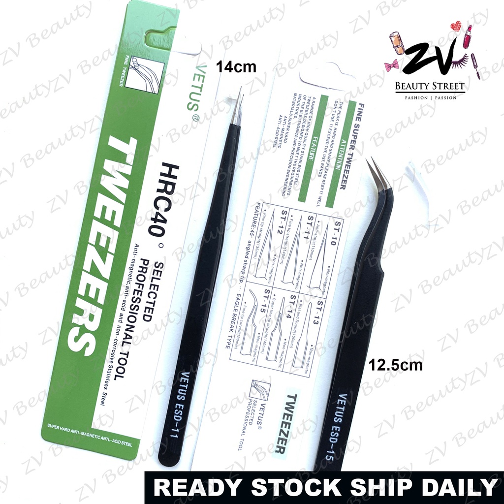 Vetus High Precision Tweezer สีดําสแตนเลสเล็บโค้งตรงเครื่องมือหยิบ/Birdnest/Eyelash Extension ESD