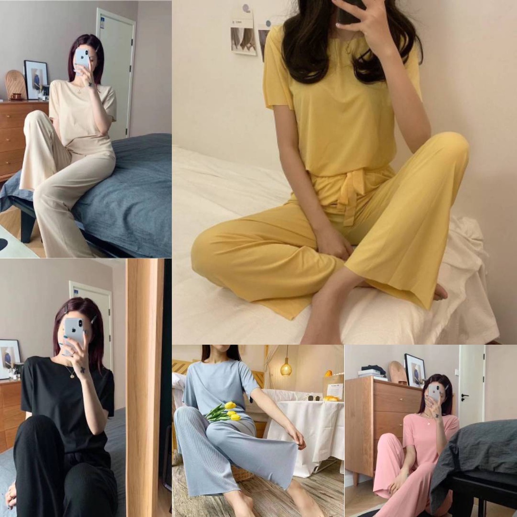 ชุดเซ็ต Freesize ผ่าร่องเสื้อแขนสั้น+กางเกงขายาว เนื้อผ้าใส่สบายมาก ใส่แล้วดูสูงขึ้น พร้อมส่ง4สี #6004