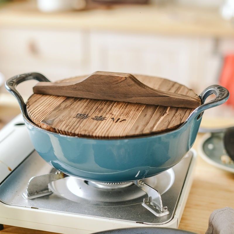 ข้อเสนอพิเศษ 25cm cast iron saucepan wok stew pot enamel pot multifunction pot non-steak pot soup pot wooden cover stove