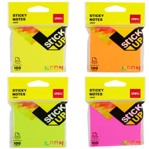 กระดาษโน๊ตมีกาวในตัว  100แผ่น/แพ็ค Deli A02302 Sticky Note Neon  มี 4 สีให้เลือก