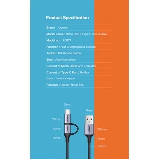 Ugreen สายชาร์จ Usb 1 เมตร 2 In 1 Micro Usb C ชาร์จเร็ว สําหรับ ซัมซุง Galaxy S10 S9 Plus