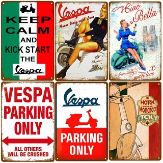 โปสเตอร์ป้ายโลหะดีบุก ลาย Vespa Parking Only สไตล์วินเทจ สําหรับตกแต่งผนังบ้าน คาเฟ่ โรงรถ รถจักรยานยนต์