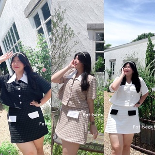 Set เสื้อคอปกแขนสั้น แมชกันกระโปรง ผ้าลายชิโนริ plussize สาวอวบ