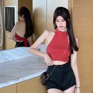 🔥ราคาถูกที่สุด🔥เสื้อครอปแบบผูกคอและผูกหลังปรับได้ สีแดง