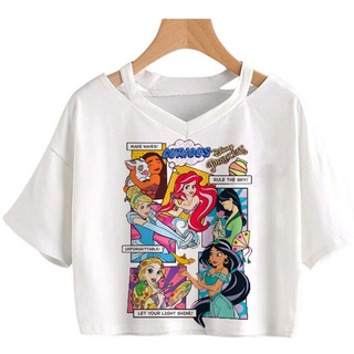 เสื้อยืดลําลอง พิมพ์ลายกราฟิก Disney Princess สีขาว สไตล์ฮาราจูกุ สําหรับผู้หญิง คู่รัก