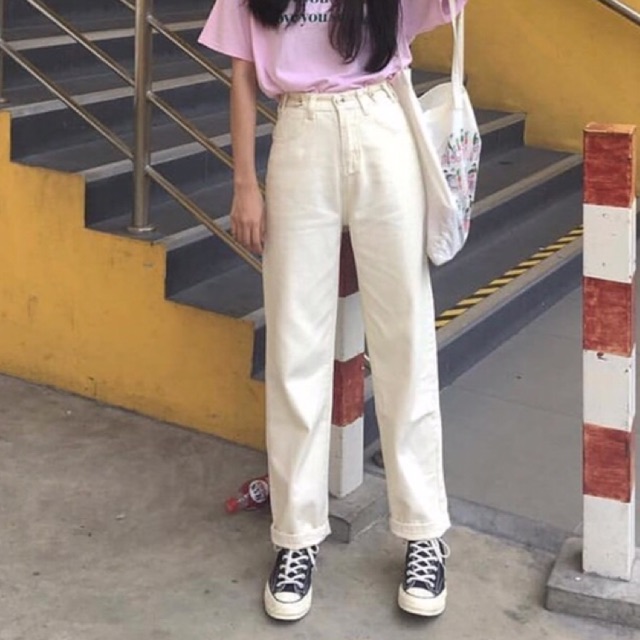 กางเกงทรงกระบอก สีขาวครีม