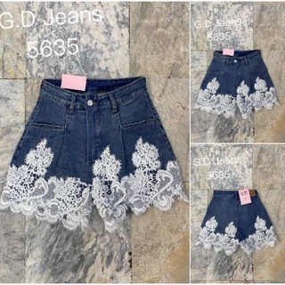 G.D.Jeans รุ่น  5635#กางเกงยีนส์แฟชั่นขาสั้นผ้ายืดเอวสูงสีเข้มสนิมแต่งลูกไม้ขาวแบบน่ารัก