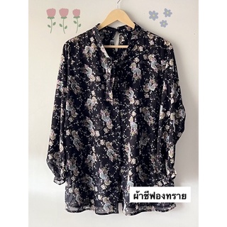 เสื้อลายดอกคอโบว์ผ้าชีฟอง อก50นิ้ว ขนาดฟรีไซส์ ท่านที่รอบอก44-50ใส่สวยรับประกันงานผ้าดี