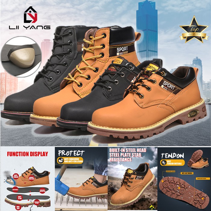 รองเท้าเซฟตี้หัวเหล็ก Leather Safety ShoesSteel Toe Cap Comfortable Breathable Boots-สีเหลือง/ดำ