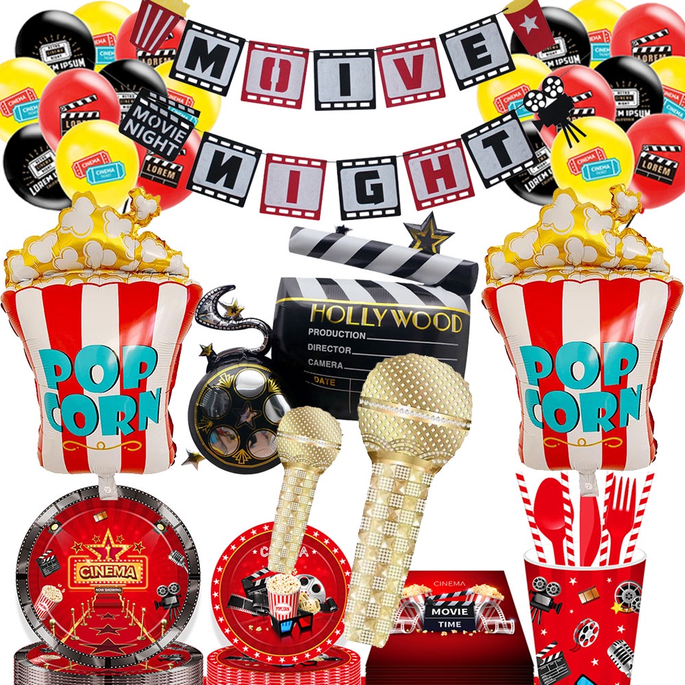 กล้อง Holly ภาพยนตร์ Popcorn ไมโครโฟนบอลลูนสําหรับภาพยนตร์ Night Party Decor Retro Happy Birthday Party พื้นหลังแบนเนอร์ Garland บอลลูนอุปกรณ์