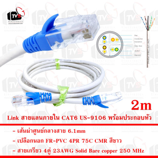 Link สายแลน ภายใน CAT6 US-9106 สายเกรียว 4คู่ 23AWG มีแกนกันสายยุบ เปลือกนอก FR-PVC 75C สีขาว 2m พร้อมประกอบหัว