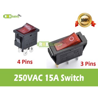 [พร้อมส่ง] สวิทช์ไฟแบบแบน AC 250V 10-15A Ultra-thin 3/4 Pins SPST ON/OFF rocker switch with red light