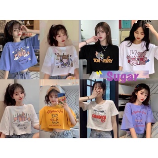 Sugar 🌈พร้อมส่ง🌈เสื้อครอปแฟชั่น เสื้อผู้หญิง เเขนสั้นผ้าคอตตอนสกรีนลายการ์ตูนน่ารัก(3434)