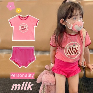 พร้อมส่ง ชุดเสื้อแขนสั้น ลายดอกกุหลาบ สีชมพูนม สุดเท่ หวานแหวว แฟชั่นฤดูร้อน สําหรับเด็กผู้หญิง อายุ 1-5 ปี