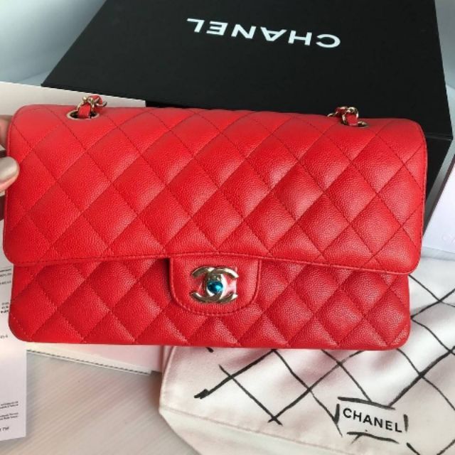 New chanel classic 10" red caviar ghw holo27