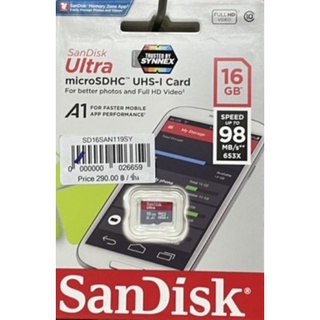 Sandisk Ultra MicroSDHC UHS-I 16GB  ความเร็วสูงสุด 98 MB/s U1 A1 (SDSQUAR-016G-GN6MN)