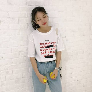 เสื้อแฟชั่น คอกลม แขนสั้น ลายอักษร สีขาว 4390 ขาว