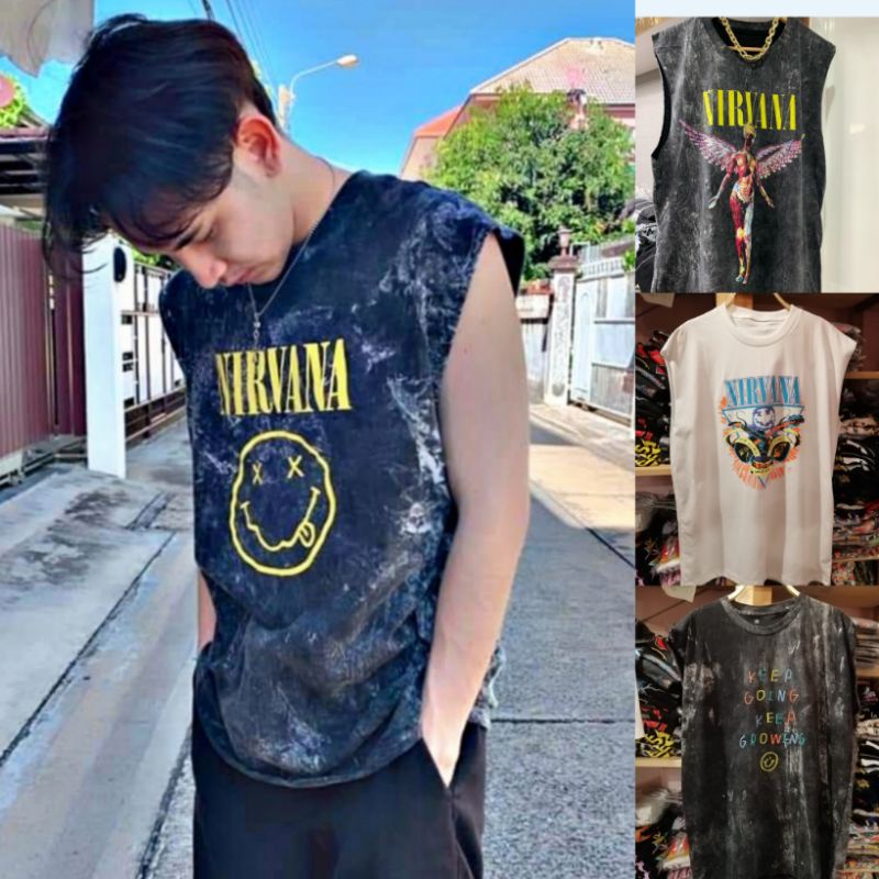 เสื้อแขนกุดหลากสี มือหนึ่ง Oversize อก44-46" ผ้าฟอก ลายวง/น่ารัก เสื้อแขนกุดผู้ชาย ผู้หญิง