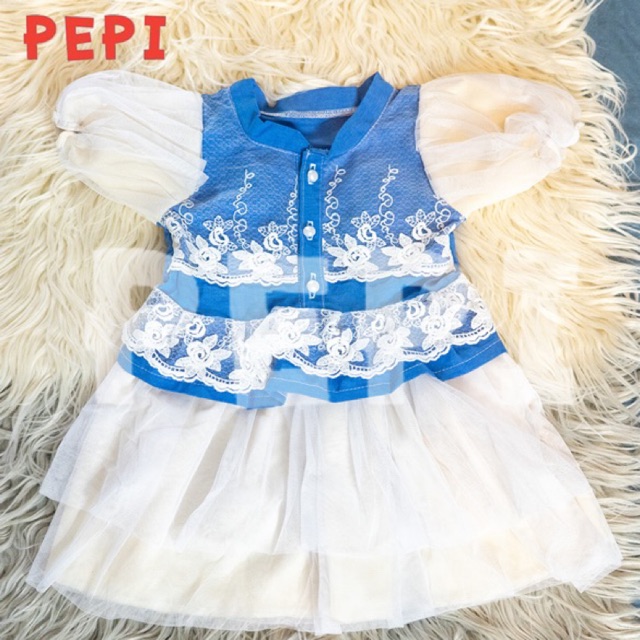 PEPI เดรส เด็กผู้หญิง เสื้อยีนส์ กระโปรง สีขาว+กิ๊ฟ แขนตุ๊กตาฟูฟ่อง ชุดยีน ลูกไม้ คอตตอน น่ารักสุดๆ