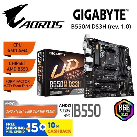 เมนบอร์ด GIGABYTE AMD B550 ที่ทนทานเป็นพิเศษ | Ryzen AM4 Socket RGB Fusion 2.0 Mobo | B550M DS3H