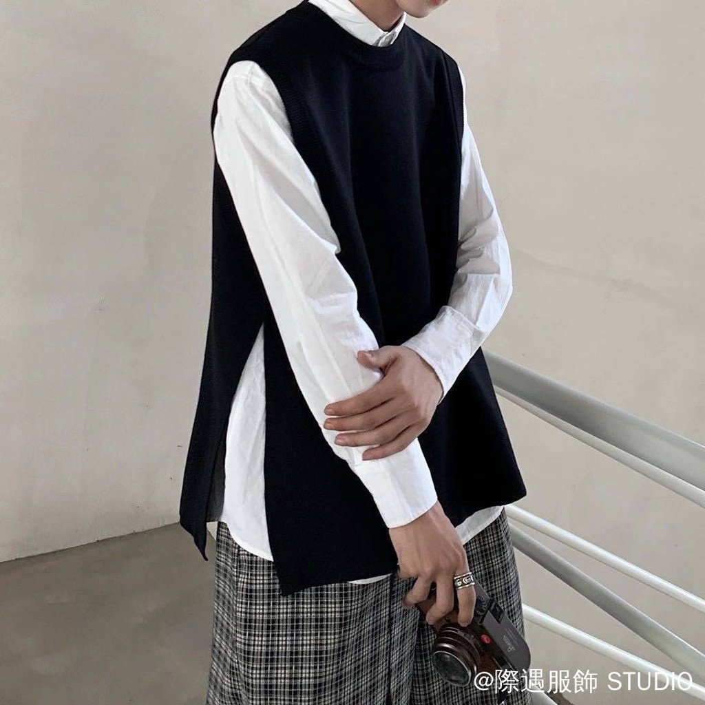 เสื้อกันหนาวเสื้อกั๊ก ฤดูใบไม้ร่วงฤดูหนาวสไตล์ถักเสื้อกั๊กสีกากีสบายๆทุกการแข่งขันหลวมสไตล์ฮ่องกงเสื้อกั๊กเสื้อกันหนาวชายหญิงคู่เสื้อกั๊กอินเทรนด์แยกถักเสื้อกั๊กกระโหลกสไตล์คอกลมถัก