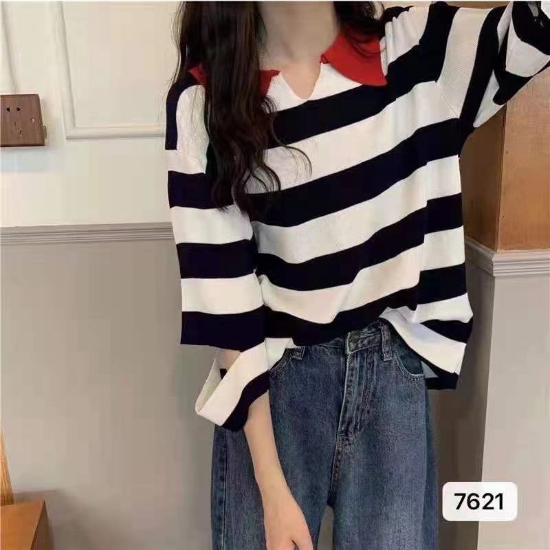 Yuki-CF0479 เสื้อไหมพรม เสื้อแขน 5 ส่วน แต่งแขนขาด ลายทาง ชิวๆเท่ๆเข้าชุดง่าย