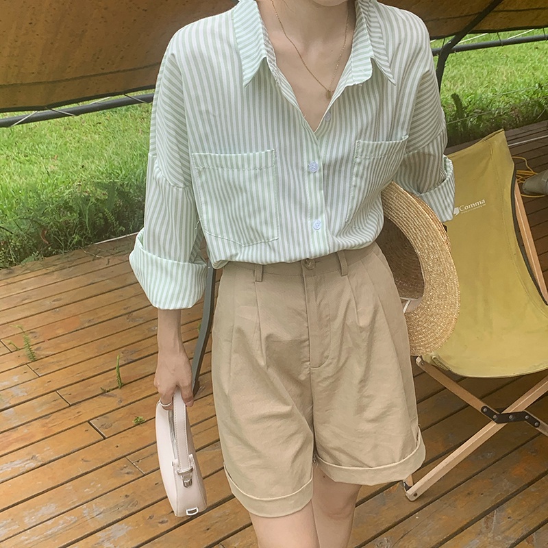 พร้อมส่ง green strip shirt C2638 เสื้อเชิ้ตแขนยาว เชิ้ตลายทาง