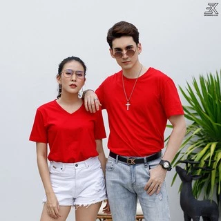 Expogarment เสื้อยืด คอกลมคอวี คอตตอน100% สีพื้น (แดง น้ำเงิน เขียวหัวเป็ด เหลือง) ไร้ตะเข็บข้าง S-2XL หดเกิน3%คืนเงิน