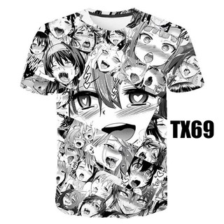 เสื้อยืดแขนสั้นพิมพ์ลาย 3 มิติ Ahegao Hentai สไตล์ญี่ปุ่นฤดูร้อน