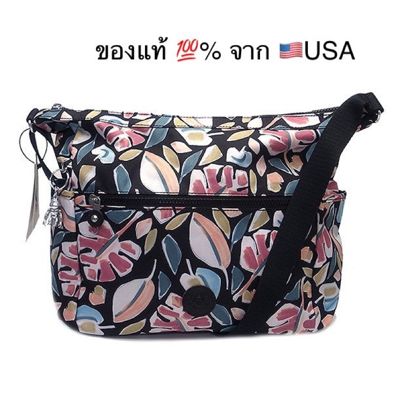 🌟พร้อมส่ง📌กระเป๋า Kipling รุ่น Alenya PRT พื้นดำภาพวาดลายใบไม้ตัดกันอย่างสวยงามใบใหญ่