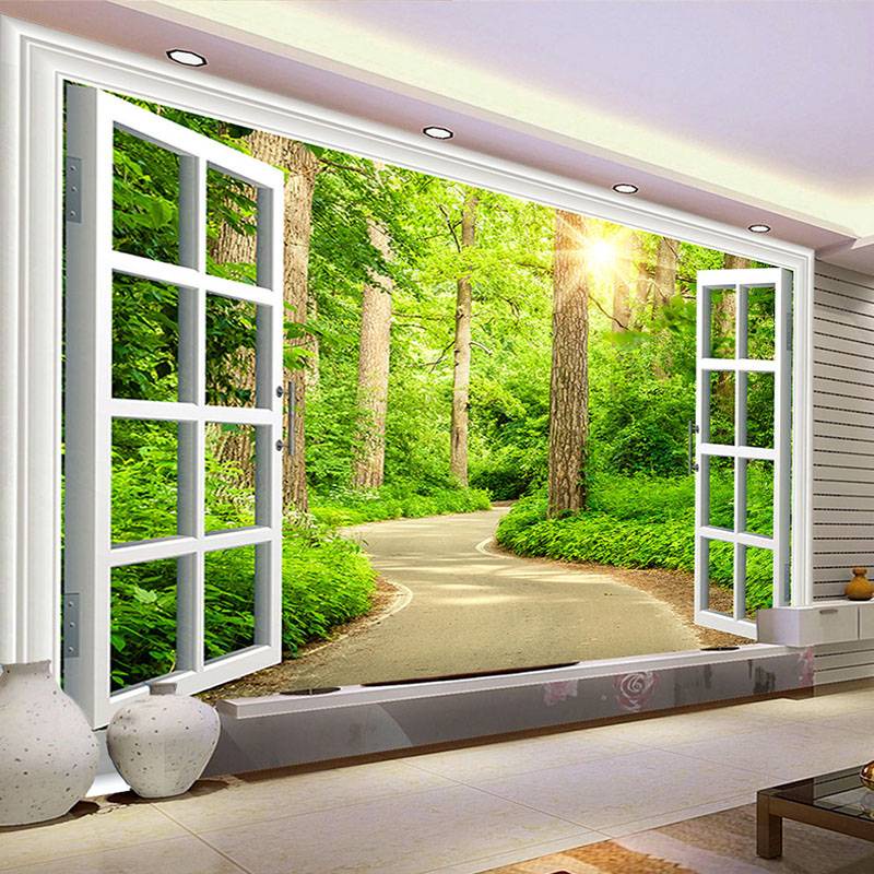 ที่กําหนดเอง3ง สีเขียวซันไชน์ป่าถนนหน้าต่างภาพผนังกระดาษธรรมชาติภูมิทัศน์กาวในตัวผนังภาพจิตรกรรมฝาผนังวอลล์เปเปอร์สําหรับห้องนั่งเล่นห้องน