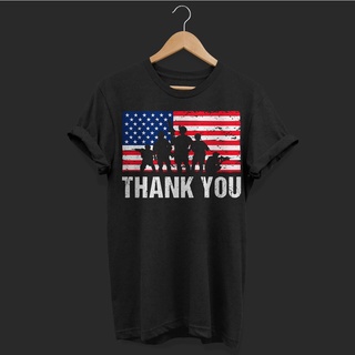 เสื้อยืดผ้าฝ้าย เสื้อยืด พิมพ์ลายธงอเมริกันทหาร USA Thank You Veterans Proud Veteran สไตล์ทหาร US