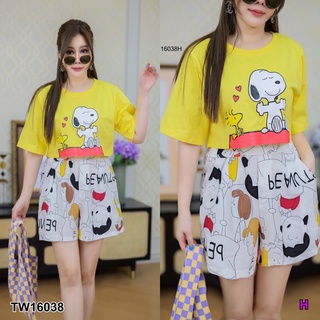 TW16038 Set 2 ชิ้น #สาวอวบ เสื้อครอป คอกลม แขนสั้น เนื้อผ้าคอตตอนอกสกรีนลายการ์ตูน + กางเกงขาสั้น ผ้า 100D ลายการ์ตูน