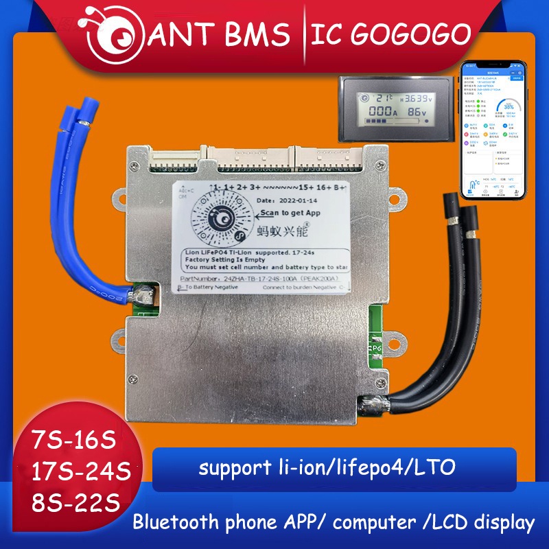 7S to 16S 17S to 24S 8S 22S Ant BMS Lithium Battery Protection Board 72V Li-ion 60V Lifepo4 50A 100A
