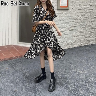 Ruo Bei Xuan ชุดเดรสแขนสั้นลายดอกไม้ใหม่สำหรับผู้หญิง