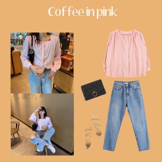 Saystylist | Coffee in pink - shirt เสื้อแขนยาว สีชมพู ลูกไม้ สไตล์เกาหลี 9357#