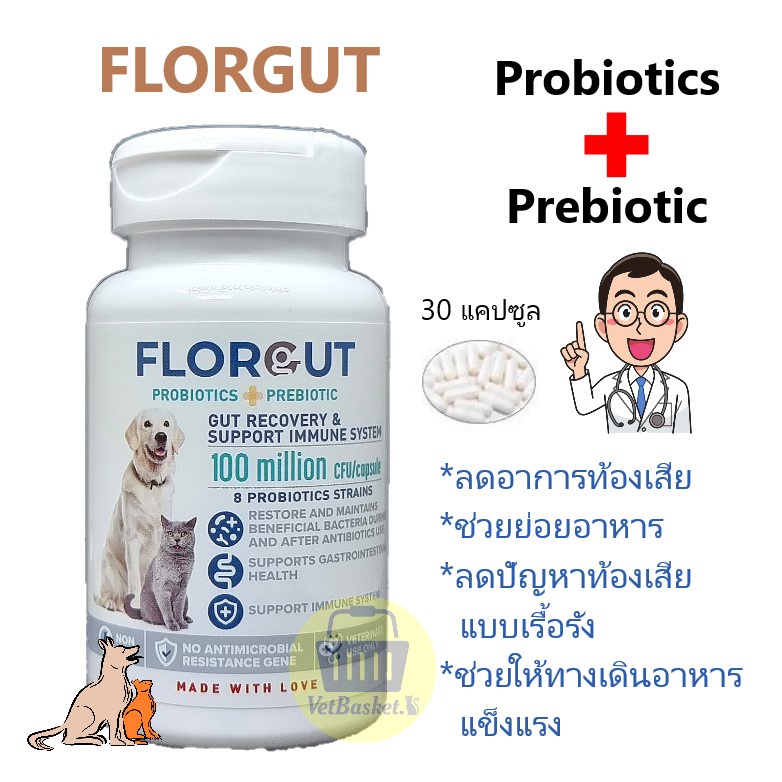 FLORGUT อาหารเสริมโพรไบโอติกส์และพรีไบโอติก ลดปัญหาท้องเสียเรื้อรังในสุนัขและแมว (30 แคปซูล/กระปุก)