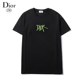 Dior1สั้นสีเหลืองเรืองแสงสีเหลืองเย็บปักถักร้อยโลโก้ Unisex แฟชั่นคอกลมเสื้อแขนสั้นผู้ชายและเสื้อยืดสตรี